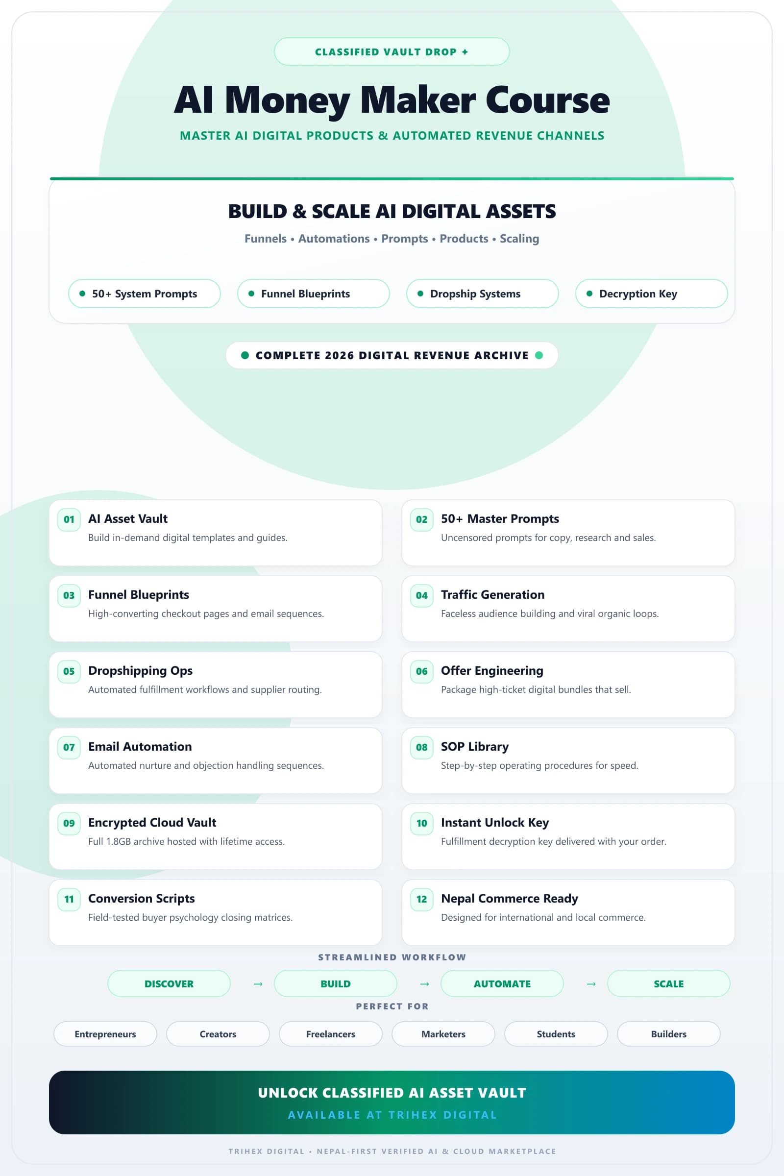 AI Money Maker Digital Products Course feature infographic